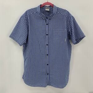 Columbia Button Up Shirt Mens XL Blue White Check Short Sleeve 100% Cotton